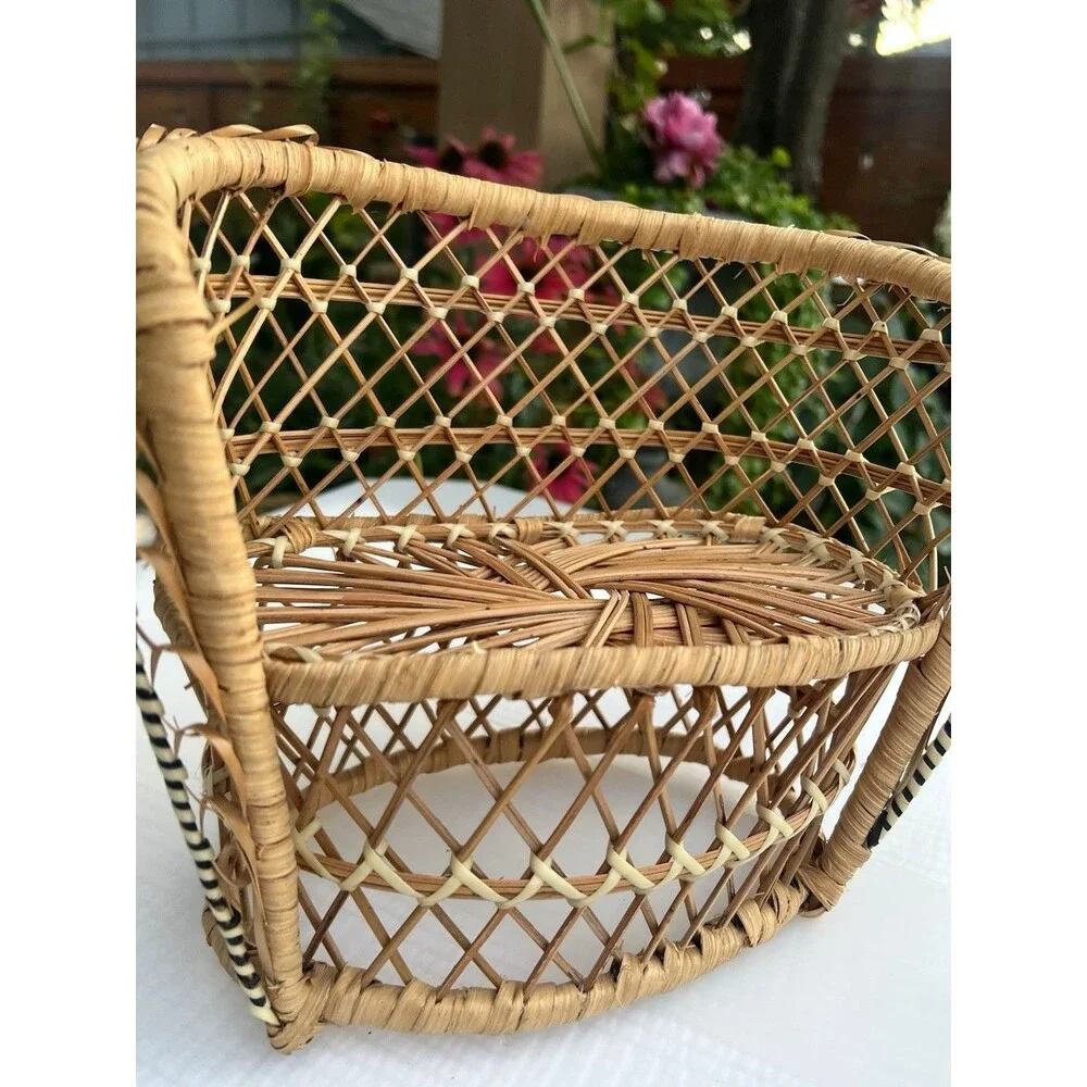 1970’s Vintage Mini Wicker Rattan Doll Chair + Bunny Cottagecore Boho Decor